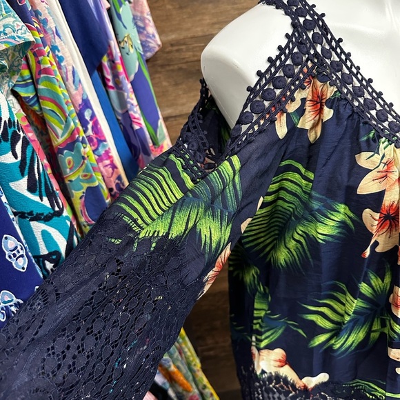 Rain Floral Navy Blue Lace Trim Open Shoulder Blouse - Picture 2 of 8